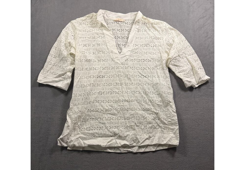 Tory Burch White Eyelet Lace Tunic Top Blouse V-Neck 3/4 Sleeve Women's Size XL‎